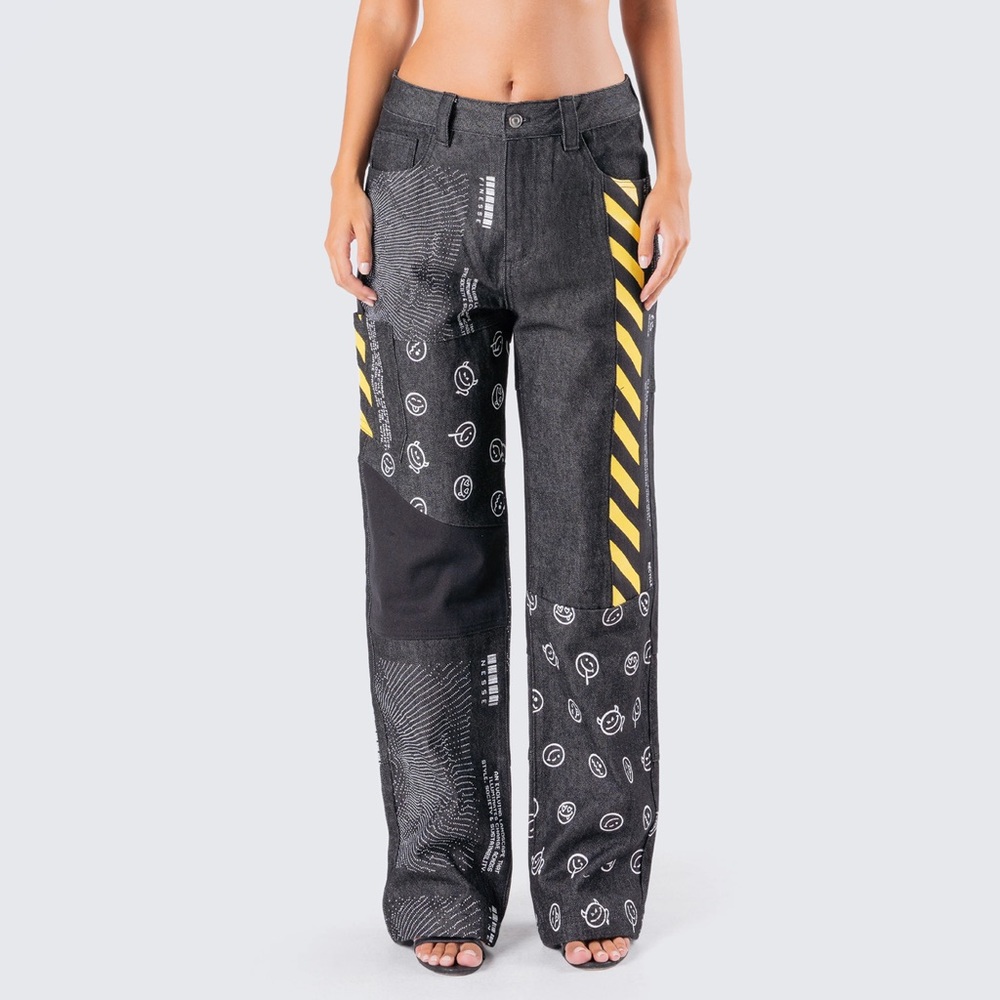 Finesse Jacko Jeans Size XL Black Smiley Patchwork
